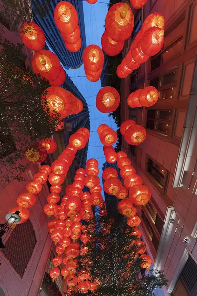 Lantern hanging in the street on the Lantern Festival of China in Hong Kong city. Lantern Festival is one of the most important Chinese festival.