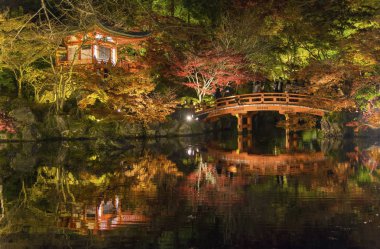 Sonbahar mevsiminde Daigoji tapınağında renkli akçaağaç ağaçları olan güzel Japon bahçesi, Kyoto, Japonya