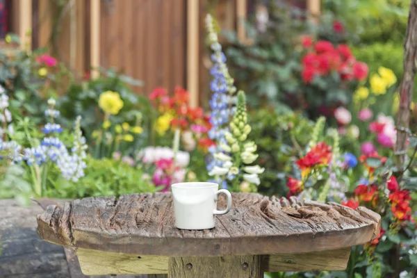 Coffee cup and table in Backyard garden of residential house