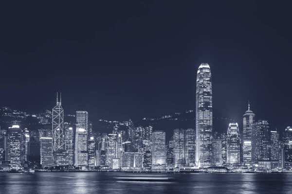 Panorama of Victoria Harbor of Hong Kong city at night