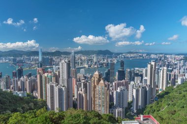 Hong Kong şehrinin Victoria Limanı, tepeden görülüyor.