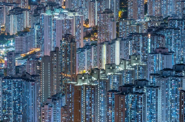 Vue Aérienne Immeuble Résidentiel Bondé Dans Ville Hong Kong Nuit — Photo