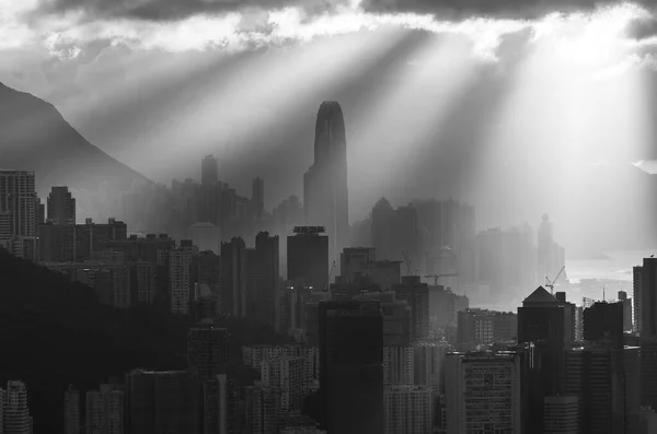 Silhouette Skyline Centre Ville Hong Kong Avec Rayon Soleil Sous — Photo