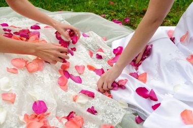 Çok renkli gül yaprakları üzerinde elbise hem beyaz yalan. Erkek toplamak yaprakları eller.