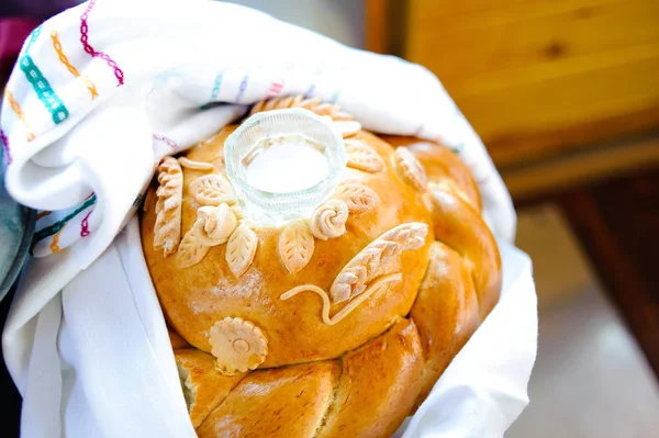 Pão Casamento Pão Sal Para Noiva Noivo Tradição Casamento Russo — Fotografia de Stock