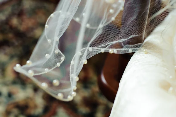 Bruidssluier Versierd Met Parels Licht Transparant Doek — Stockfoto