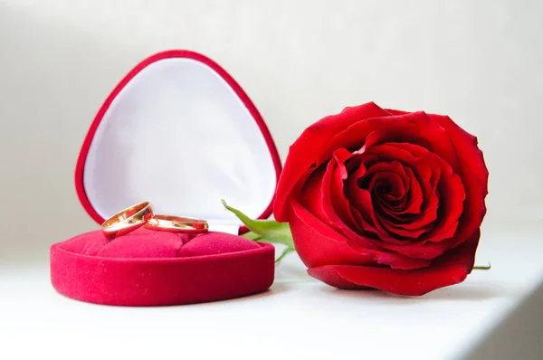Anéis Casamento Uma Caixa Vermelha Forma Coração Rosa Vermelha Dia — Fotografia de Stock
