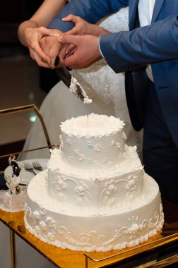 Güzel bir beyaz düğün pasta kesip yeni evliler.