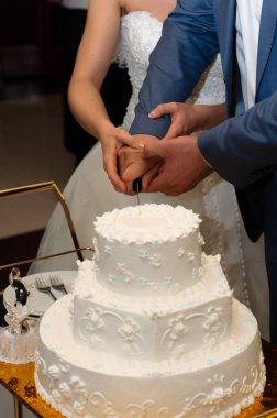 Güzel bir beyaz düğün pasta kesip yeni evliler.