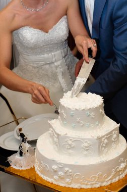 Güzel bir beyaz düğün pasta kesip yeni evliler.