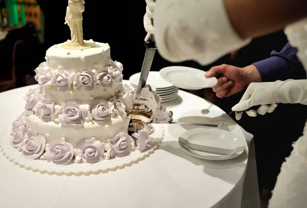 Молодята Вирізати Красиві Білі Весільний Торт — стокове фото