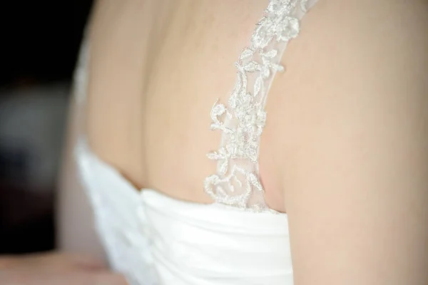 Beautiful White Bride Dress Lace Strap Dress Girl Shoulder — Stock Photo, Image