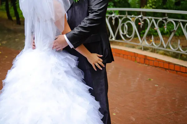 Los Recién Casados Abrazan Besan Parque Día Boda Verano — Foto de Stock