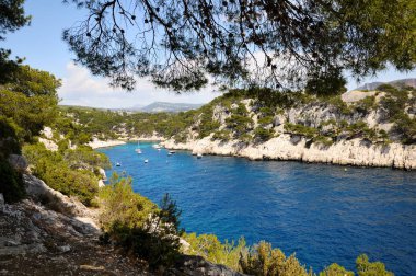 Yatlar mavi su ile dar bir koyda.