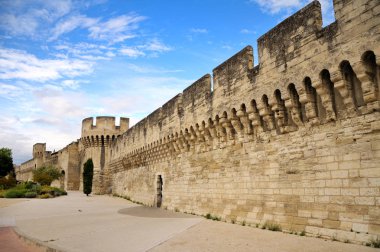 Duvarları ve kuleler Avignon Şehir Merkezi, güneşli mavi gökyüzü altında çevresinde görünümünü. Fransa.