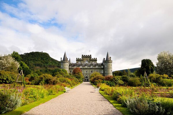 INVERARAY, SCOTLAND - SEPTEMBER 22, 2015 : Inveraray Castle and garden on the shore of Loch Fyne.