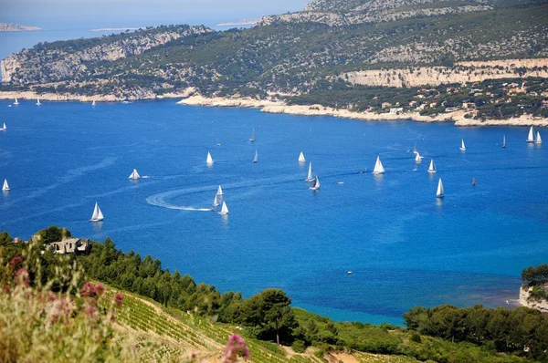 Sea Bay View Cliff Sailboats Boats Swim Sea Town Sea — Stock Photo, Image