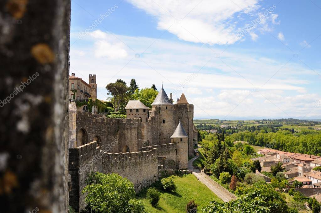 Ancient castle of Carcassonne overlooking the southern France countryside.