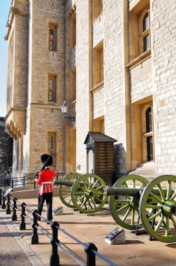 Londra - 30 Eylül 2015: Kraliyet Muhafız görev yeşil silah yakınındaki Londra yürüyüş içinde. İngiliz koruma kırmızı üniformalı Londra iz var.