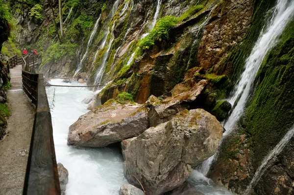 Strumień Wody Szybko Górskiej Rzeki Lesie Płynie Wąskim Kanionem Strumieni — Zdjęcie stockowe