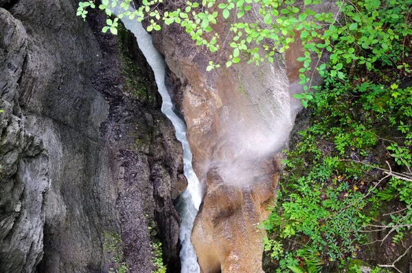 森林中一条山河中的水流迅速流动 这条河在一个狭窄的峡谷中流淌 被山里的水冲走了 水尘从山上落入河流 — 图库照片
