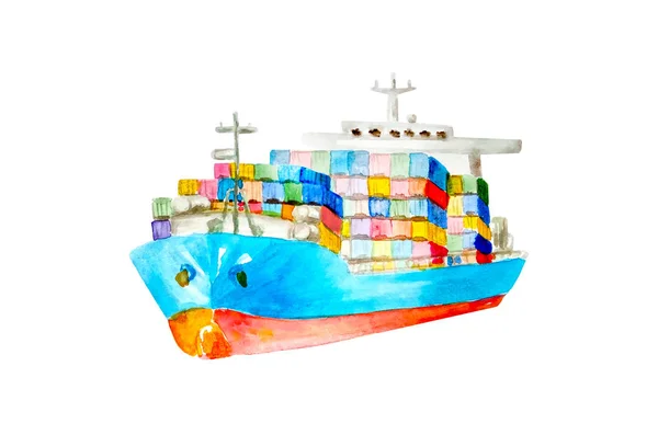 Акварельний синій і червоний вантажний комерційний корабель з багатьма кольоровими контейнерами на борту ізольовані вирізані на білому тлі — стокове фото