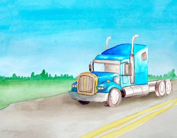 Acuarela azul americano semirremolque tractor sin un contenedor monta en una carretera de asfalto contra el telón de fondo del paisaje para la logística o tarjetas de visita o diseño de sitios web —  Fotos de Stock