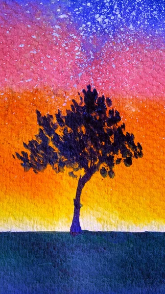 Watercolor gradient background from the silhouette of a lonely young tree with foliage on the backdrop of the starry sky at sunset or sunrise — Stock Photo, Image