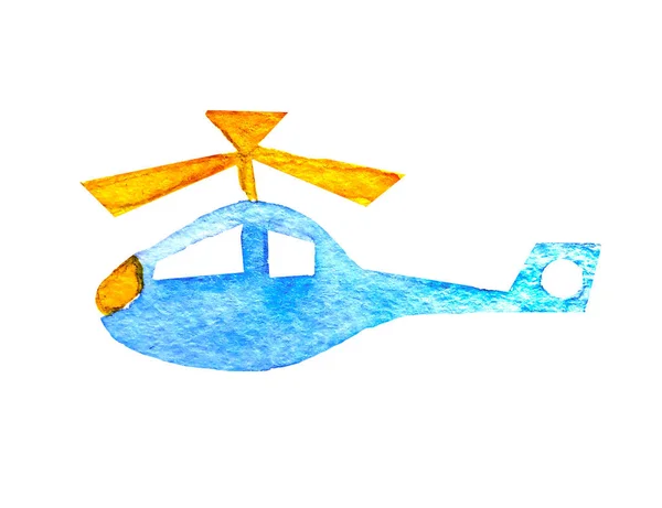 Hélicoptère bleu aquarelle avec hélice jaune dans un dessin animé pour enfants style simple sur fond blanc isolé . — Photo