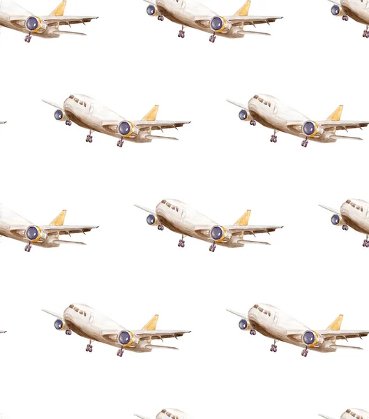 Aquarelle motif sans couture de l'avion sur fond blanc isolé pour papier peint, fond, enveloppements, serviettes, lin, textiles . — Photo