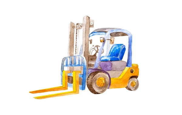 Watercolor yellow forklift with yellow forks without load in a quiet state on a white background isolated. Distribution, Logistics Import Export, Warehouse operation, Trading, Delivery concept — Stock Photo, Image