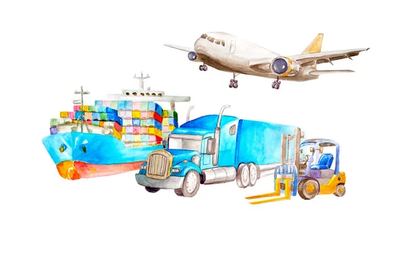 Watercolor transport and logistics concepts with container ship, cargo plane, classic American truck trailer and forklift in a row. for logistic import export and transport industry concept.