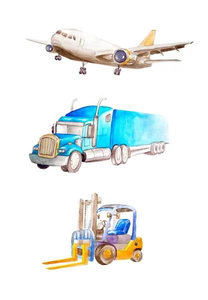 Avion cargo aquarelle, camion remorque américaine classique et chariot élévateur. Sur fond blanc isolé pour les cartes d'affaires.Pour illustrer le transport de marchandises, le trafic ou la journée des travailleurs du transport — Photo