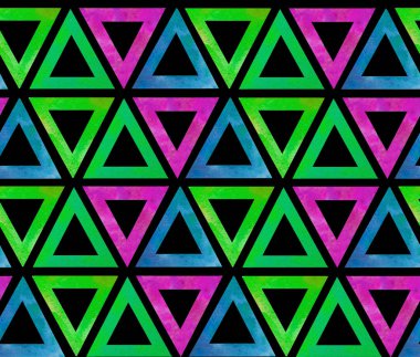 Siyah bir arka plan üzerinde suluboya yapılmış boş bir orta ile geometrik üçgenlerin koyu dikişsiz karo deseni