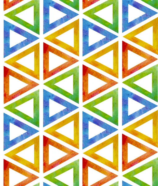 Fundo colorido abstrato de triângulos aquarela com meio vazio no fundo branco. Vermelho, verde, azul, amarelo. Como padrão geométrico de flores — Fotografia de Stock