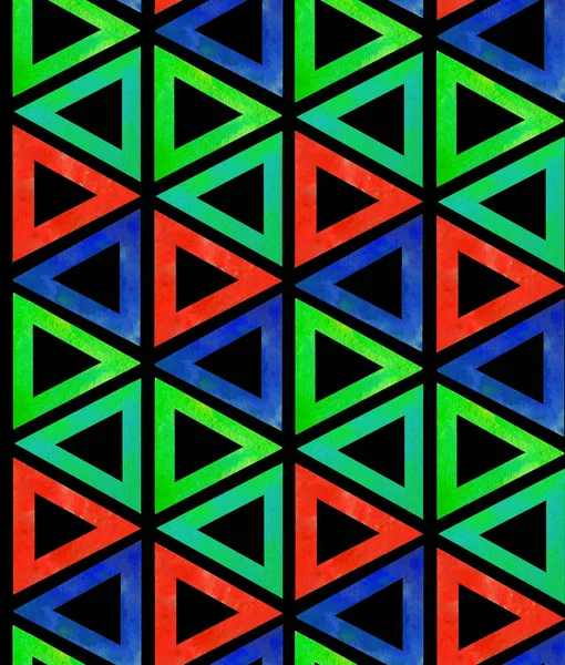 Abstrato azulejo padrão escuro sem costura de triângulos verdes azuis vermelhos multicoloridos em um fundo preto. Fundo ornamental como flores geométricas ou construtor magnético — Fotografia de Stock