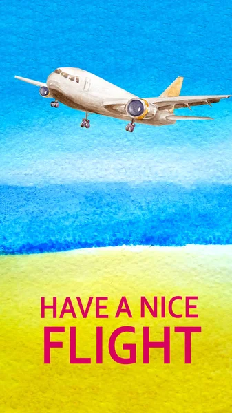 Congratulazioni da cartolina o auguri Buon volo con un aereo e un paesaggio estivo con cielo blu, mare, oceano e una spiaggia con sabbia gialla ocra . — Foto Stock
