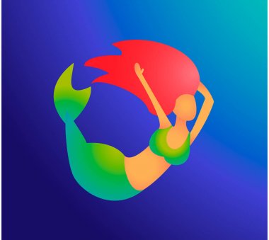 Vektör kırmızı saçlı denizkızı kız yeşil bir mayo bir kuyruk yüzsüz ve yeşil bir kuyruk mavi abyss içine daldı