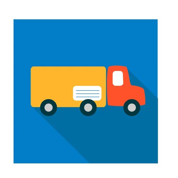 Icône plate dans un style simple. Camion postal livre le courrier. Un taxi rouge et un corps jaune comme colis avec étiquette destinataire sur un fond bleu . — Image vectorielle