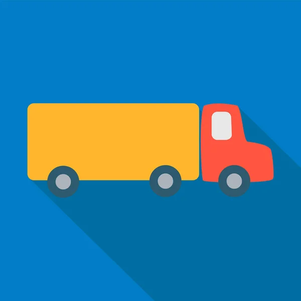 Camion cargo avec cabine rouge et corps jaune sur fond bleu. Icône plate de style simple avec ombre longue . — Image vectorielle