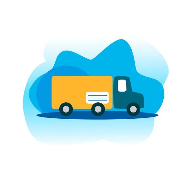 Vecteur moderne illustration camion livraison boîte postale concept dans le style plat. Camion dans la route en arrière-plan de nuages et d'arbres.Peut être utilisé pour bannière, carte, présentation, site de page de destination — Image vectorielle