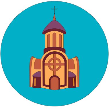 Kahverengi kilise binası çan kulesi ve üst çapraz ve mavi yuvarlak arka plan üzerinde merkezinde yan ve büyük kapı pencereleri ile iki uzantıları.