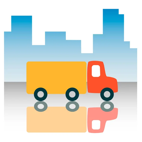 Camion camion sur le fond de gratte-ciel urbains promenades sur une route humide et se reflète. Icône vectorielle style simple plat . — Image vectorielle
