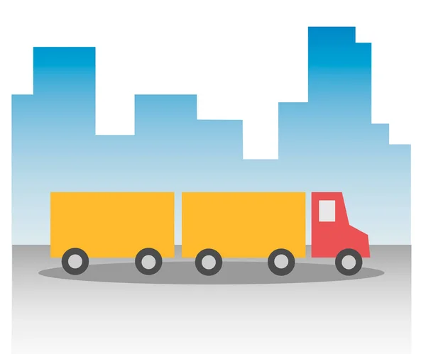 Teherautó teherautó egy piros fülke és egy sárga test és a pótkocsi a háttérben a sziluettje városi felhőkarcolók város. Alatt a kerekek az út a ködben. Vektoros ikon sima egyszerű stílusban. — Stock Vector