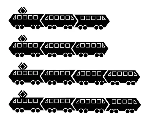 Set of silhouettes of black metro trams and trains with two or three cars. Vector icon flat simple style. Look like arrows and directions. — Stock Vector