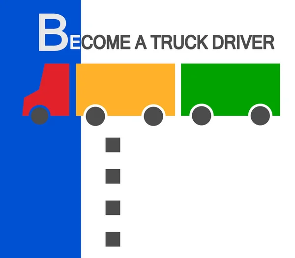 Devenez chauffeur de camion. Nous embauchons de nouveaux employés de camionneurs avec une remorque avec des points d'espace de copie pour votre texte des exigences pour le candidat. Camion couleur et remorque dans un style simple . — Image vectorielle