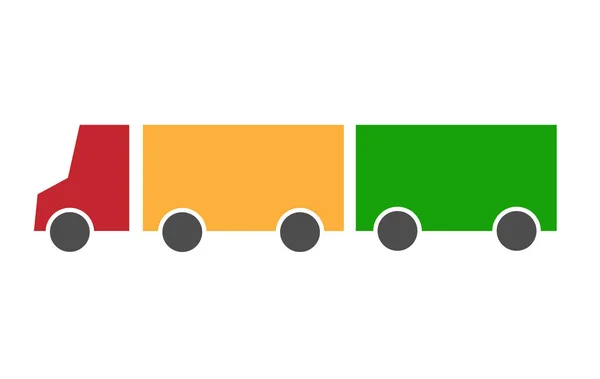 Teherautó kamion, piros vezetőfülkével, sárga, zöld pótkocsival. Úgy néz ki, mint egy közlekedési lámpa. Vektoros ikon sima egyszerű stílusban — Stock Vector