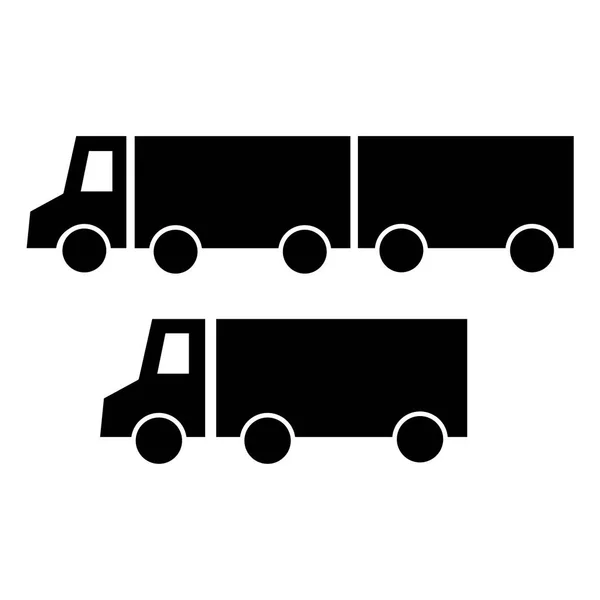 Silhouetten zweier schwarzer Lastwagen, eines Lastwagens, eines Sattelzuges. Vektor-Symbol flach einfachen Cartoon-Stil. — Stockvektor