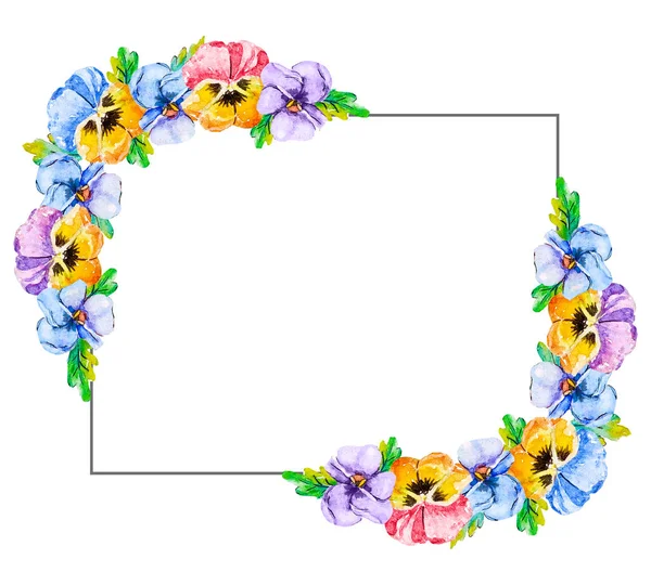 Watercolor  horizontal floral frame border of flower pansy and viola, in a gray rectangle.The middle is free for your text. Banner for invitations wedding, birthday, posters for the fair of violets — Stock Photo, Image