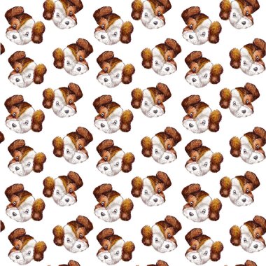 Sarmalayıcılar, tekstil, duvar kağıdı ve tasarım için beyaz bir arka plan üzerinde kahverengi köpek jack russell terrier kafaları ile beyaz köpek portreler Dikişsiz köpek suluboya deseni